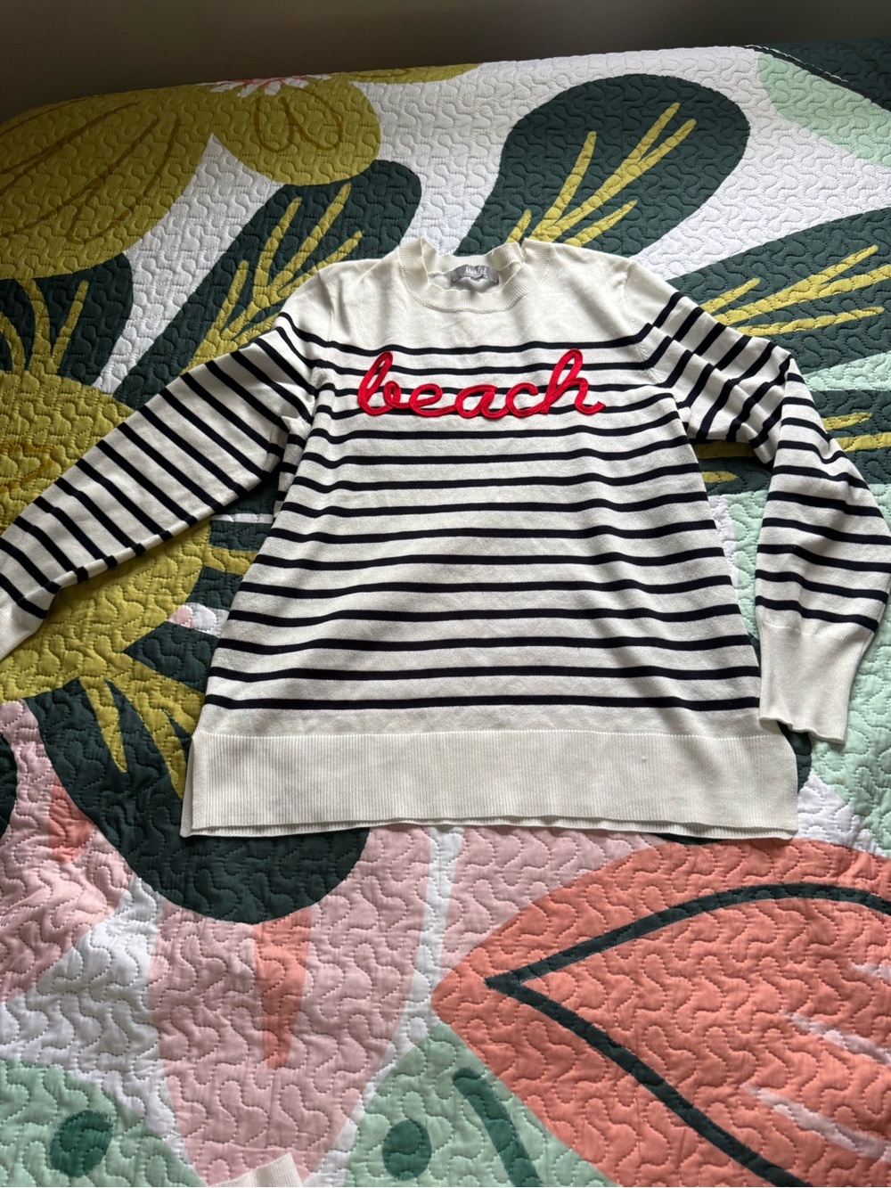 Striped Crewneck Sweater with 'Beach' Script - Cream & Black
